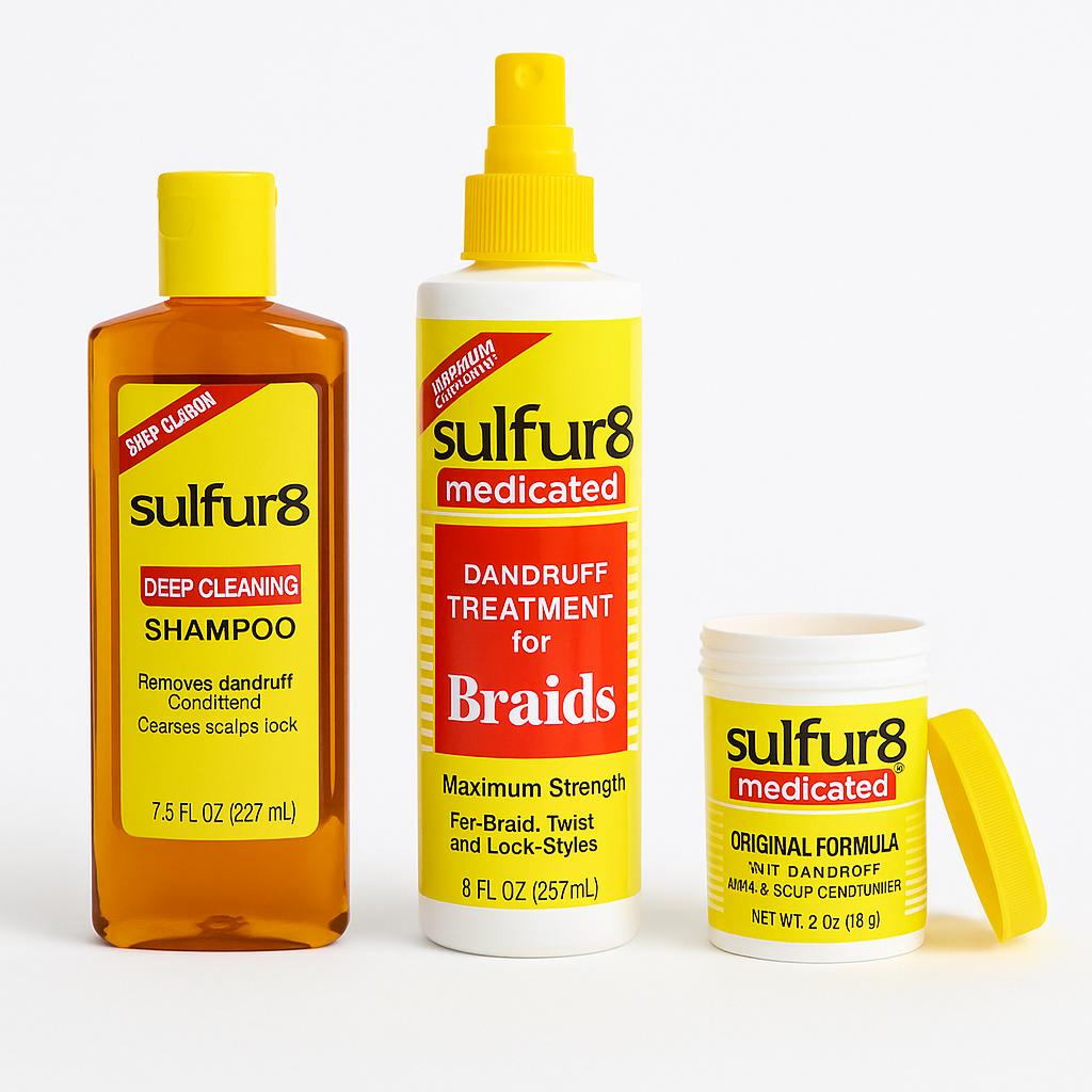 Kit Sulfur8 Anticaspa – Shampoo, Crema y Tratamiento para Trenzas | Cuero Cabelludo Limpio y Saludable